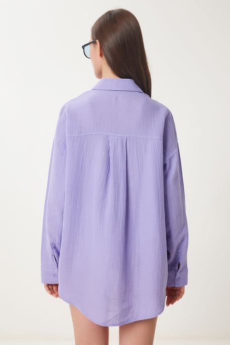 Oversized Textured Cotton Shirt with Pocket - Image 4