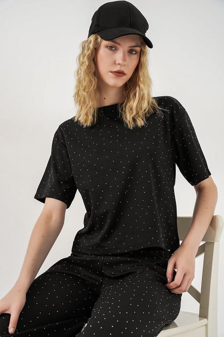 Punkte-Muster Bedrucktes Rundhals-T-Shirt - Image 3