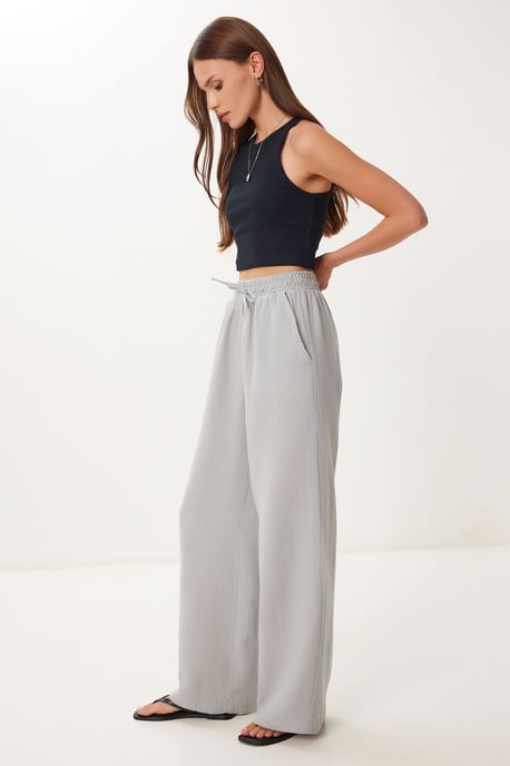 Wide Leg Drawstring Waist Pants with Binding Detail - Image 1