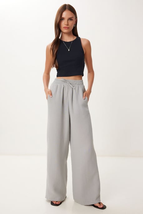 Wide Leg Drawstring Waist Pants with Binding Detail - Image 2