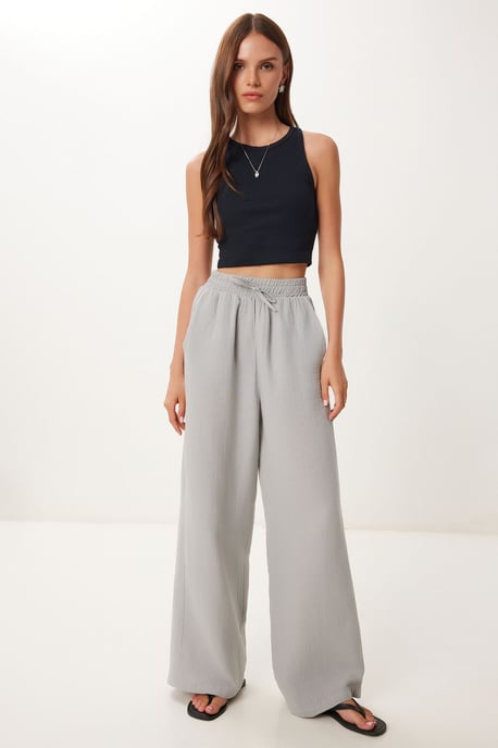 Wide Leg Drawstring Waist Pants with Binding Detail - Image 3