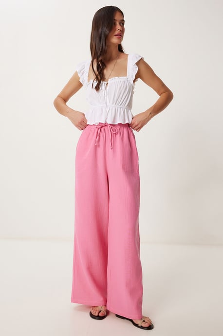 Wide Leg Drawstring Waist Pants with Binding Detail - Image 2