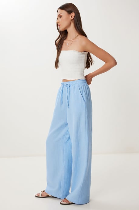 Wide Leg Drawstring Waist Pants with Binding Detail - Image 1