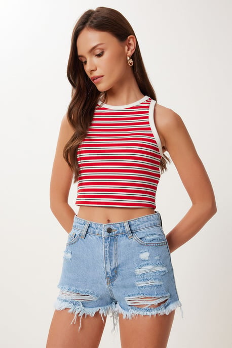 Hohe Taillen Zerstörte Denim-Shorts - Image 2