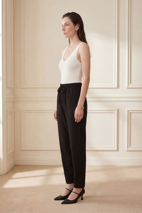 Knöchellange einfarbige Gabardine-Hosen mit Kordelzugbund - Image 4