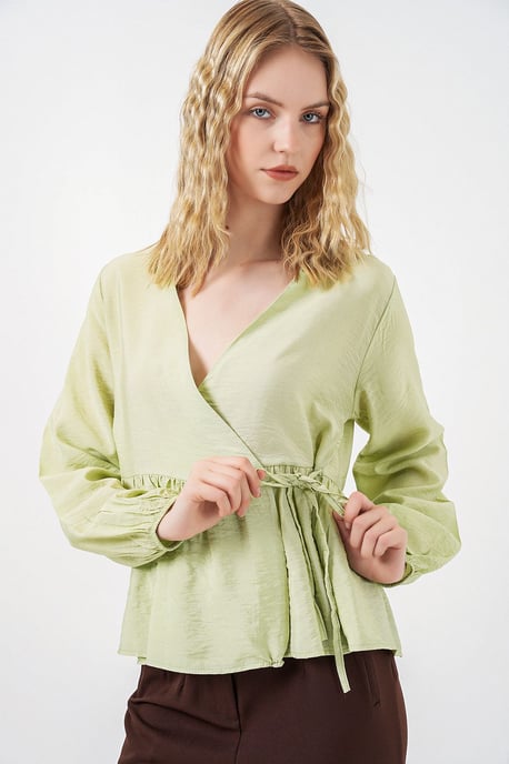 V-Ausschnitt Bluse mit Bindedetail aus Crepe - Image 3