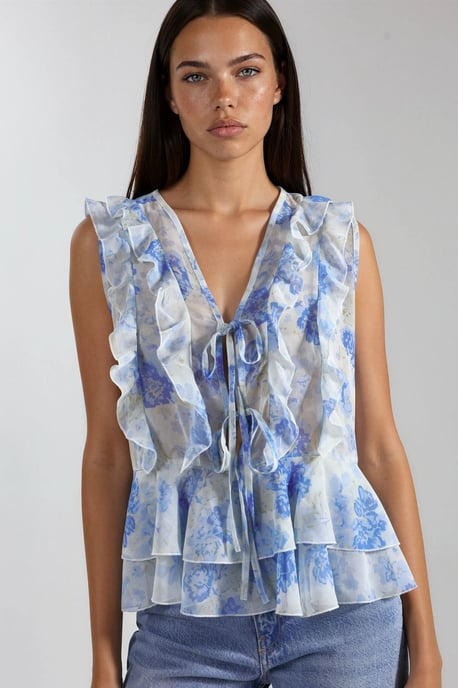 Blumen V-Ausschnitt Chiffonbluse mit Bindegürtel - Image 1