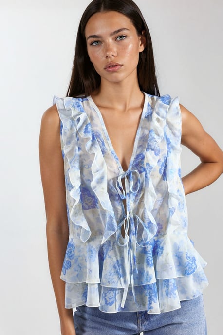 Blumen V-Ausschnitt Chiffonbluse mit Bindegürtel - Image 3