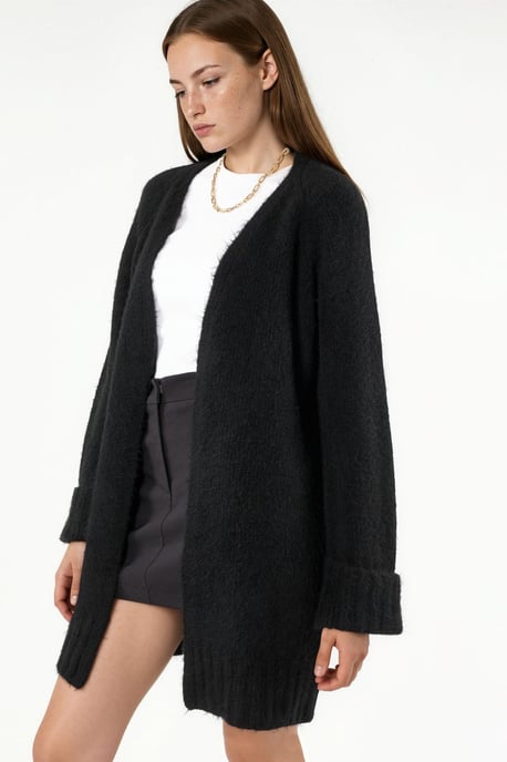 Langer gerippter Strickcardigan mit offenem Kragen - Image 2