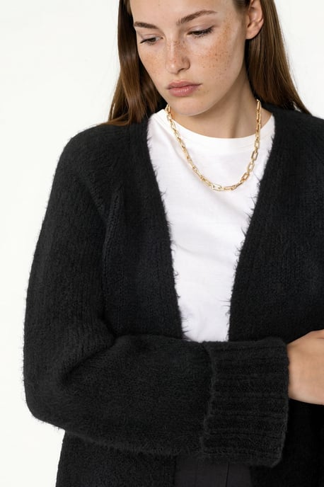 Langer gerippter Strickcardigan mit offenem Kragen - Image 3