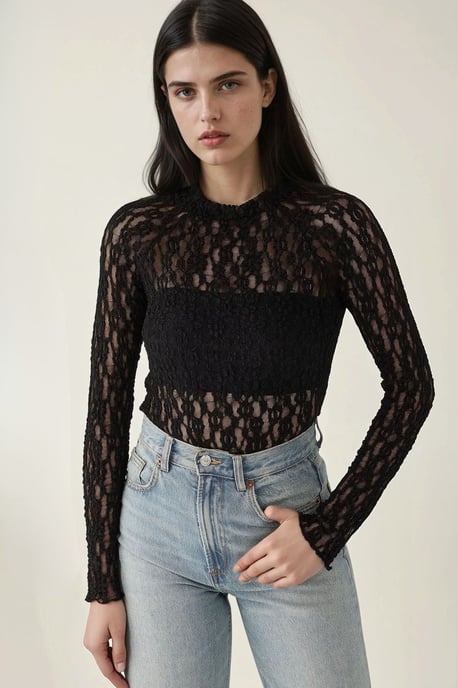 Spitzen-Guipure Slim Fit Rundhalsbluse - Image 3