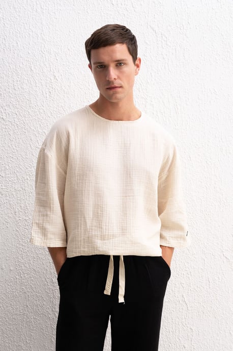 Muslin Rundhalsausschnitt Langarm-T-Shirt - Image 1