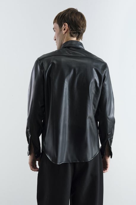 Giesto Kunstlederhemd mit Knopfleiste und Brusttasche - Schwarz - Image 3