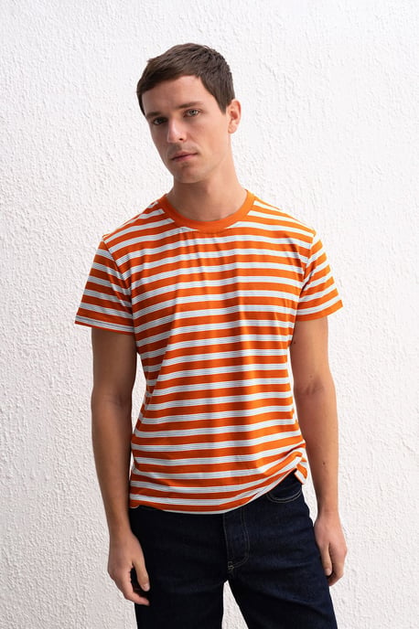 Schmal geschnittenes gestreiftes Rundhals-T-Shirt - Image 1