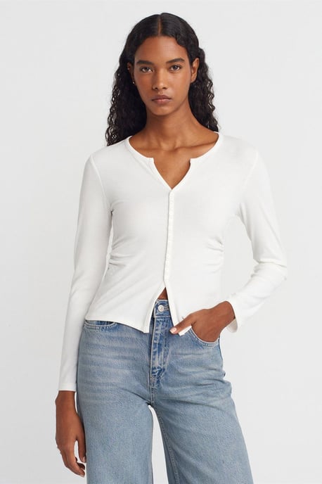 Slim Fit Rippstruktur Bluse mit Knopfleiste - Image 1