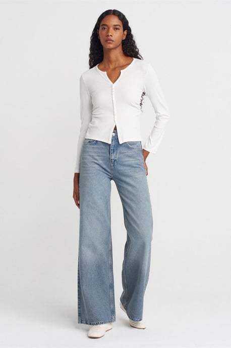 Slim Fit Rippstruktur Bluse mit Knopfleiste - Image 4