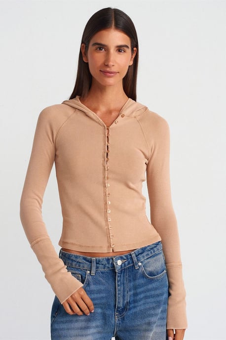 Rippstrick-Baumwollmix-gekürzte Kapuzenbluse - Image 1