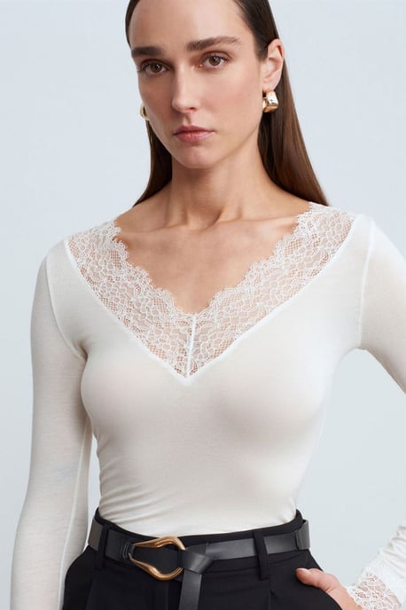 Slim Fit V-Ausschnitt Spitzenbluse - Image 3