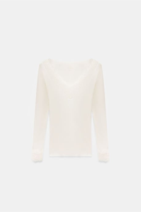 Slim Fit V-Ausschnitt Spitzenbluse - Image 5