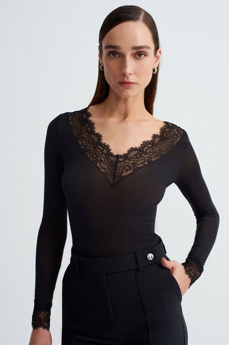 Schmal geschnittene V-Ausschnitt Spitze Bluse - Image 1