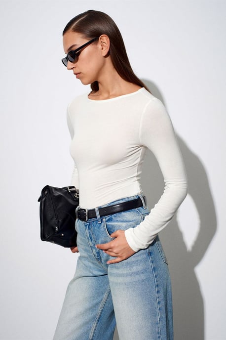 Damen Rippstrick Bootsausschnitt Langarmbluse - Image 1