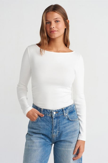 Schlanker Schnitt Rippendes Boot-Ausschnitt Bluse - Image 1