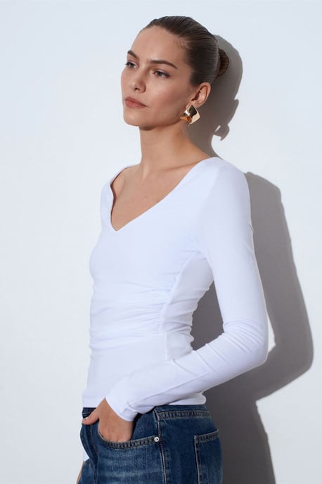 Schmale Passform V-Ausschnitt Strickbluse - Image 4