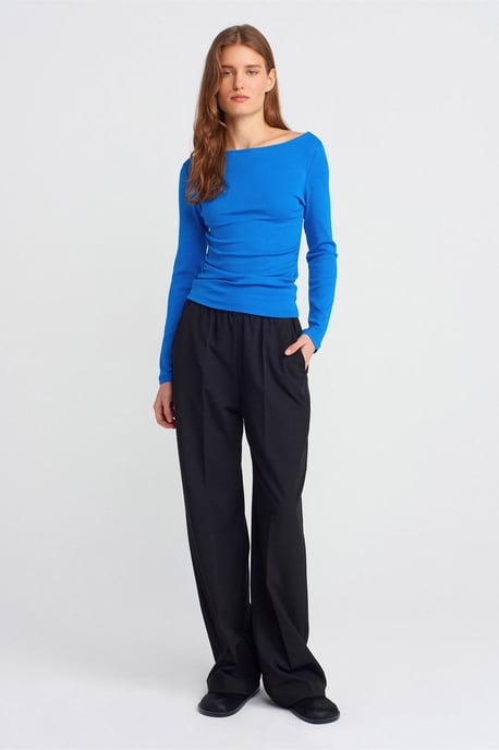 Schlanker Schnitt Rippendes Boot-Ausschnitt Bluse - Image 3