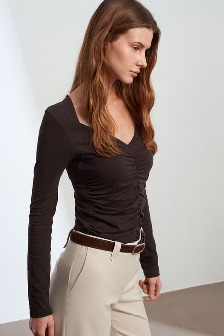 Slim Fit V-Ausschnitt Jersey-Bluse - Image 1