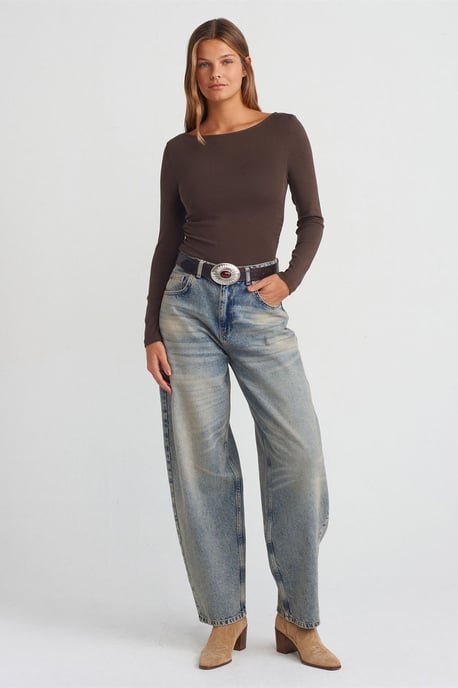 Schlanker Schnitt Rippendes Boot-Ausschnitt Bluse - Image 3