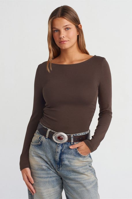 Schlanker Schnitt Rippendes Boot-Ausschnitt Bluse - Image 4