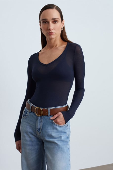 Schlanker Schnitt V-Ausschnitt Langarmshirt - Image 3