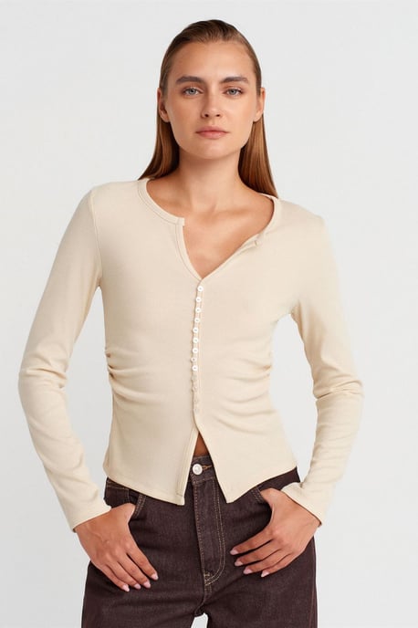 Slim Fit Rippstruktur Bluse mit Knopfleiste - Image 1