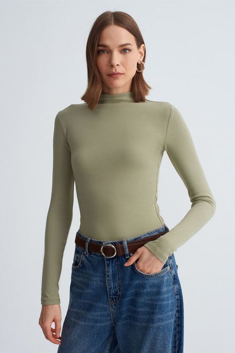 Slim Fit Langarm-Halbrollkragenoberteil - Image 3