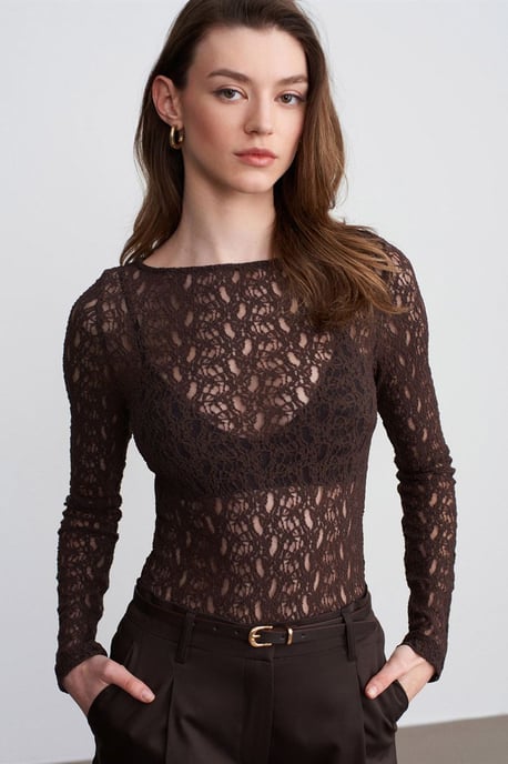 Schmale Passform Spitzen Boot-Ausschnitt Bluse - Image 3