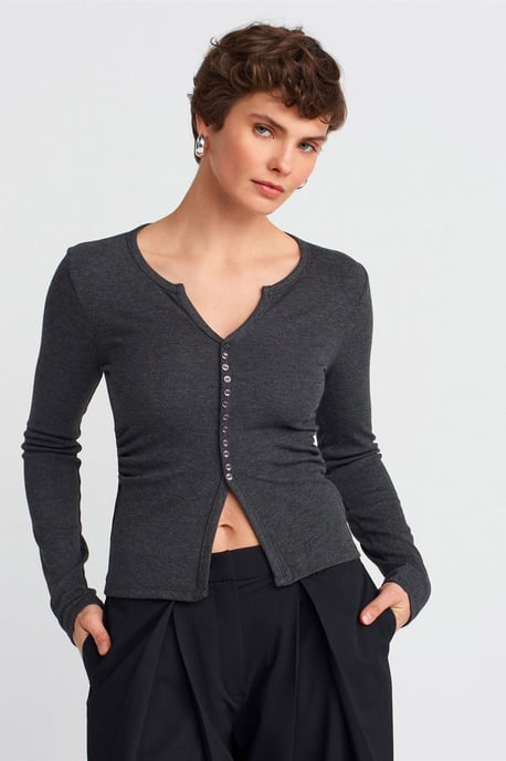 Slim Fit Rippstruktur Bluse mit Knopfleiste - Image 1