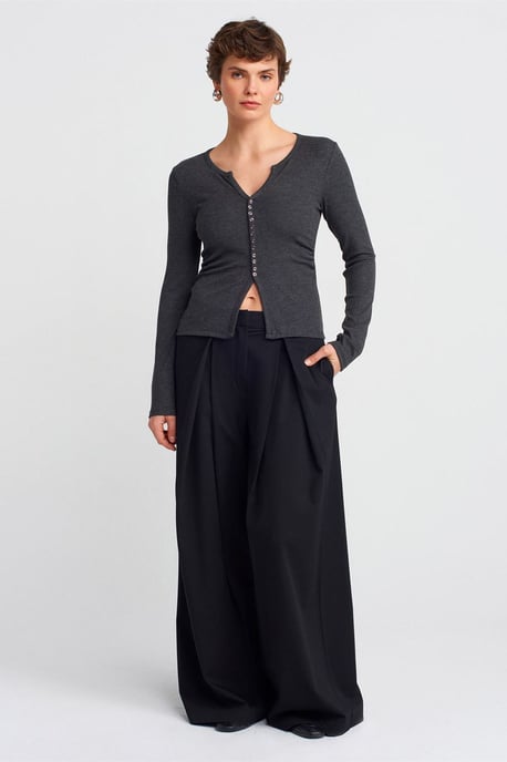 Slim Fit Rippstruktur Bluse mit Knopfleiste - Image 3
