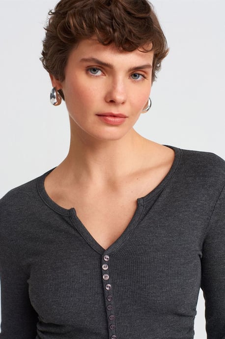 Slim Fit Rippstruktur Bluse mit Knopfleiste - Image 4
