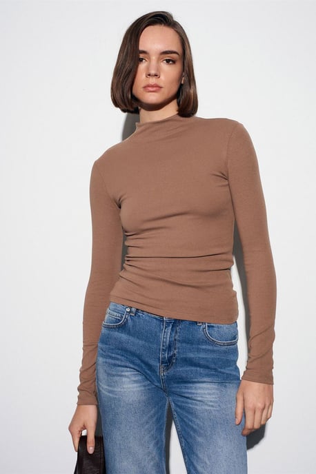 Slim Fit Langarm-Halbrollkragenoberteil - Image 1