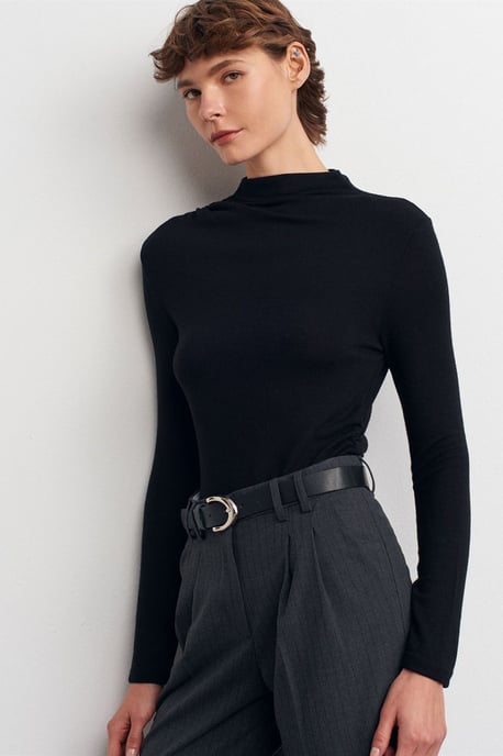 Rippstruktur Slim-Fit Halbstehkragenbluse - Image 1