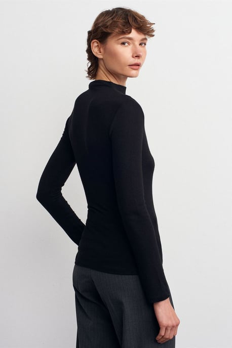 Rippstruktur Slim-Fit Halbstehkragenbluse - Image 2