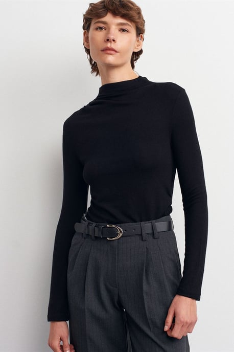 Rippstruktur Slim-Fit Halbstehkragenbluse - Image 3