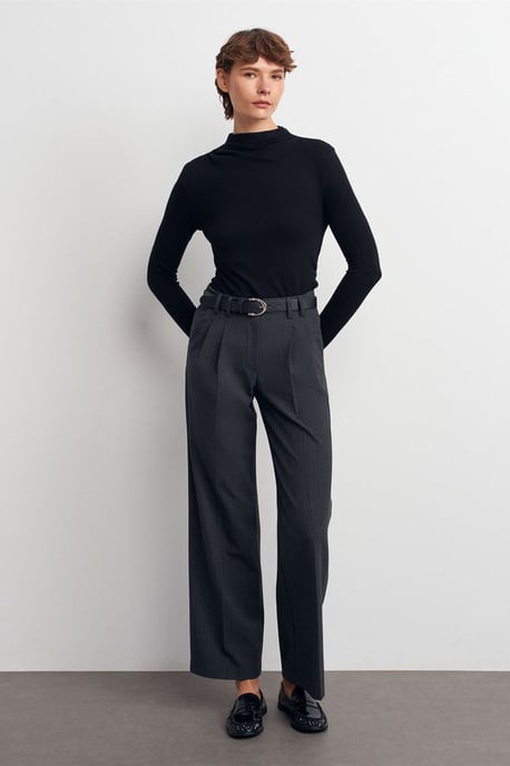 Rippstruktur Slim-Fit Halbstehkragenbluse - Image 5