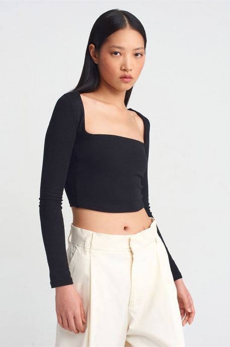 Damen Cropped Cut-out Bluse mit Quadrat-Ausschnitt - Image 1