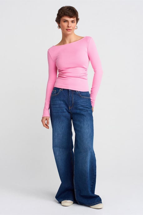 Schlanker Schnitt Rippendes Boot-Ausschnitt Bluse - Image 3
