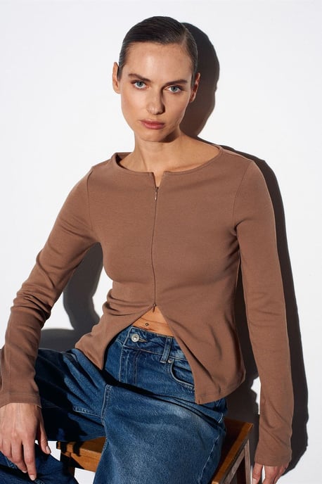 Schmale Passform Bluse aus Baumwollmischung mit Reißverschluss - Image 3
