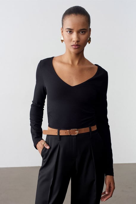 Schmale Passform V-Ausschnitt Strickbluse - Image 1