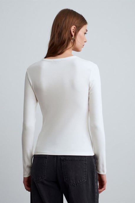 Rippstruktur Crew-Neck Knopfbluse - Image 2