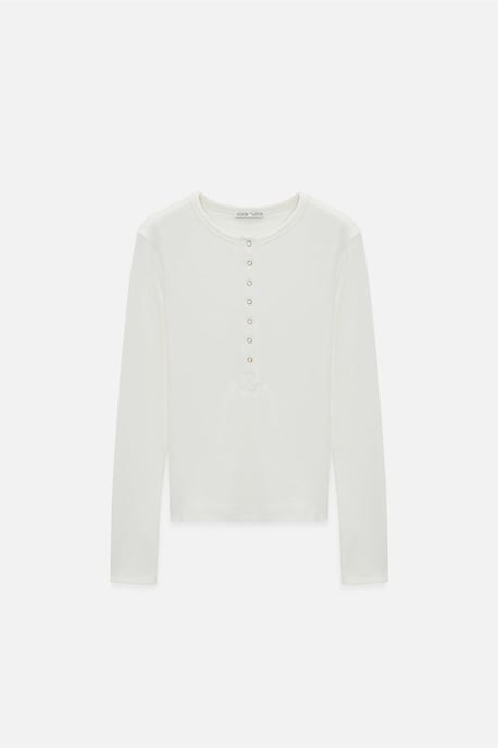 Rippstruktur Crew-Neck Knopfbluse - Image 6