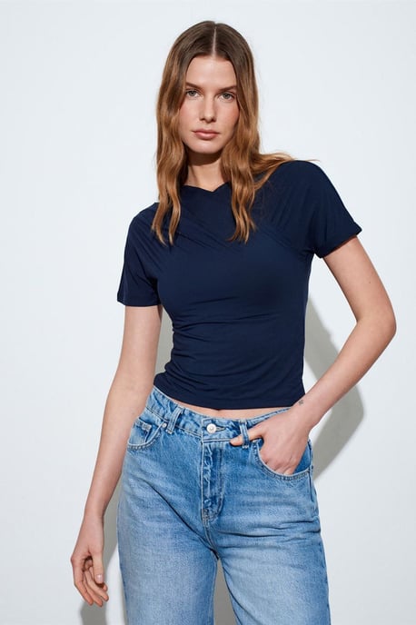 Schlanke Passform V-Ausschnitt Jersey Bluse - Image 1